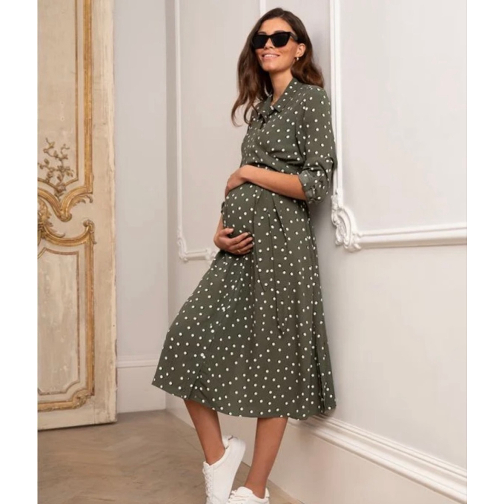 Seraphine Olive Green Polka Dot Maternity Midi Dress NWT